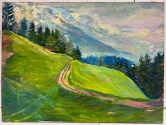 1950's French Oil Alpine Mountain Landscape Lush Green Fields Snow Capped Hills
