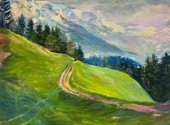 1950's French Oil Alpine Mountain Landscape Lush Green Fields Snow Capped Hills