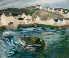 1950's French Oil Painting Fishermen in Boat at Sea Breton Coastline Houses