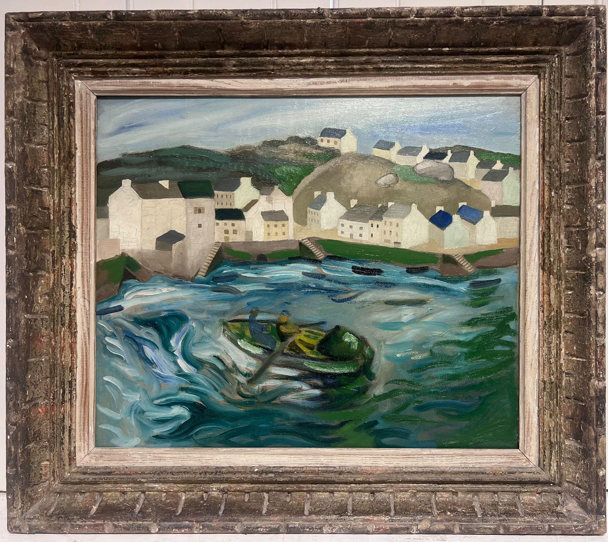 French School Landscape Painting - 1950's French Oil Painting Fishermen in Boat at Sea Breton Coastline Houses