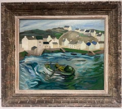 1950's French Oil Painting Fishermen in Boat at Sea Breton Coastline Houses