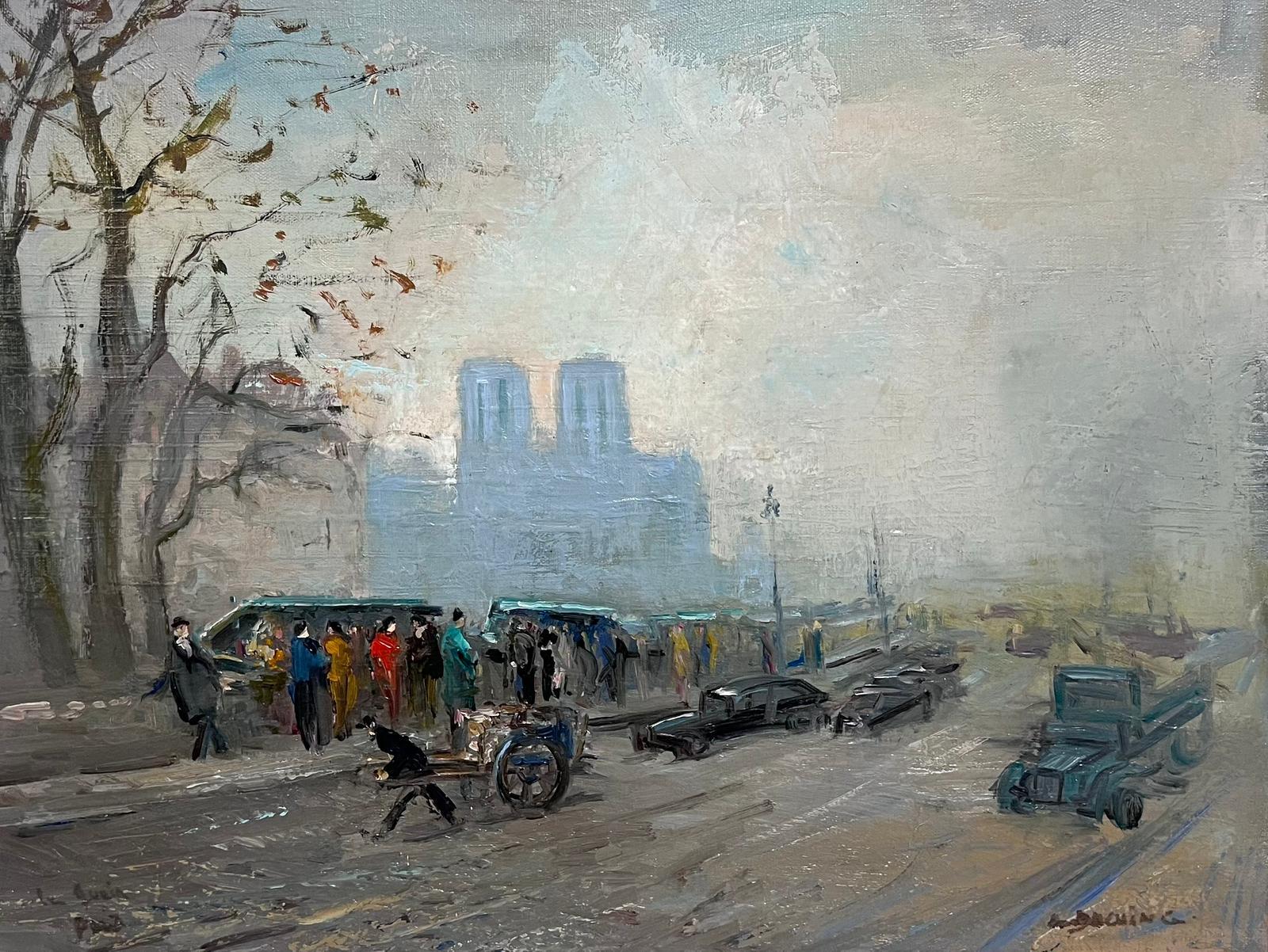 1950's Moody Paris Oil City Skyline Notre Dame & Bouquinistes River Seine Banks - Painting by French School