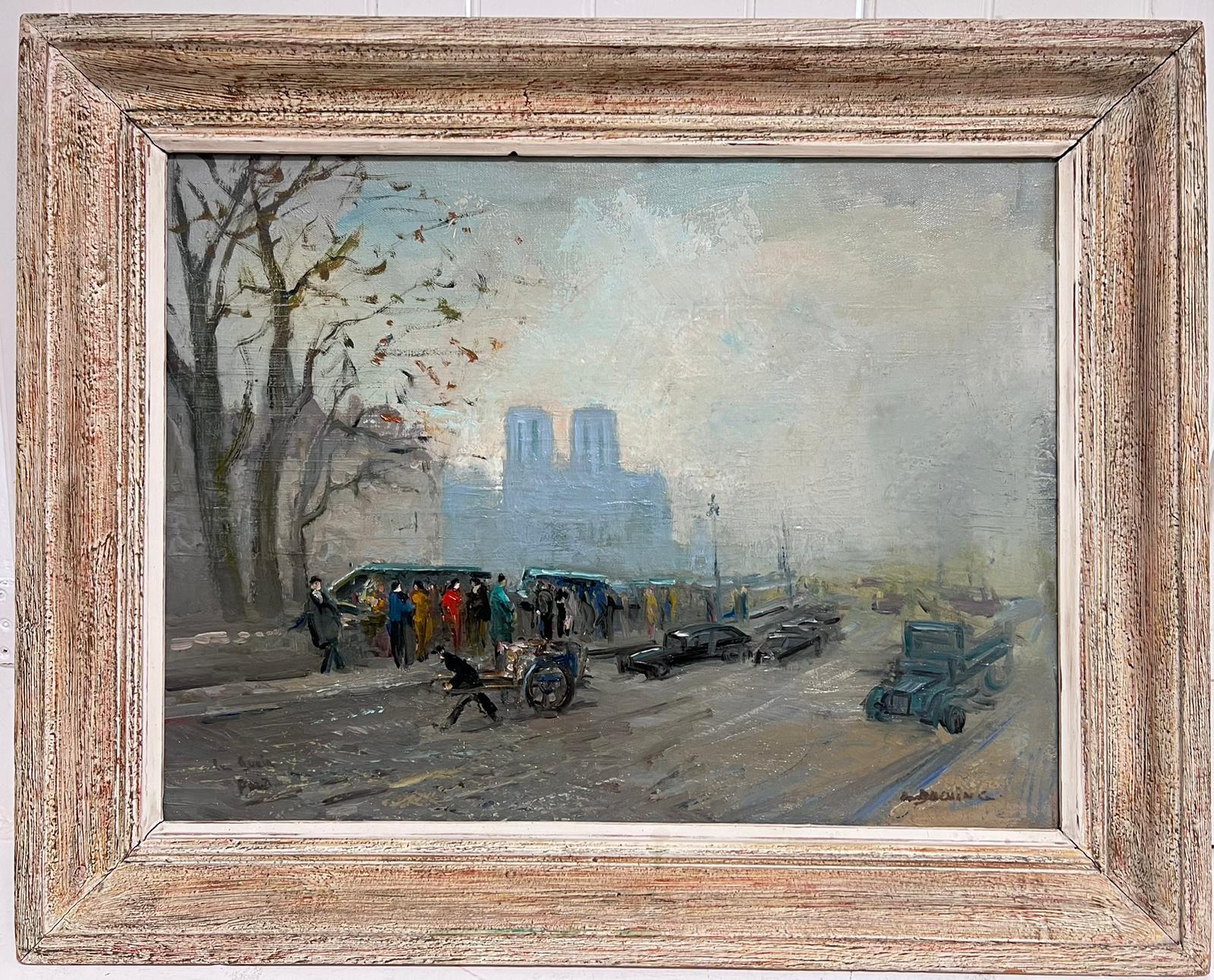French School Figurative Painting - 1950's Moody Paris Oil City Skyline Notre Dame & Bouquinistes River Seine Banks