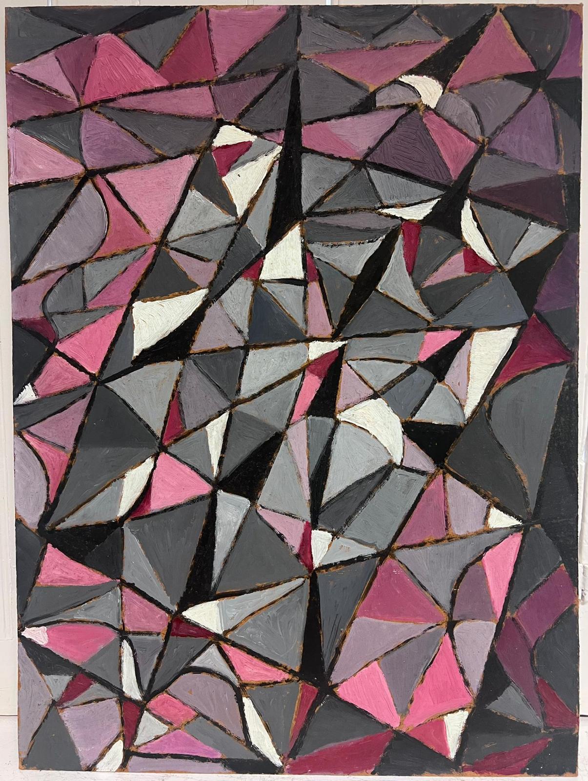 1960er Jahre Französisch abstrakte Ölgemälde kubistische Formen rosa grau Farben – Painting von French School