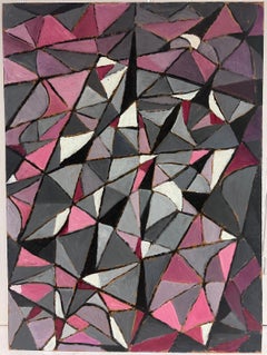 1960's French Abstract Oil Painting Cubist Shapes Pink Grey Colors