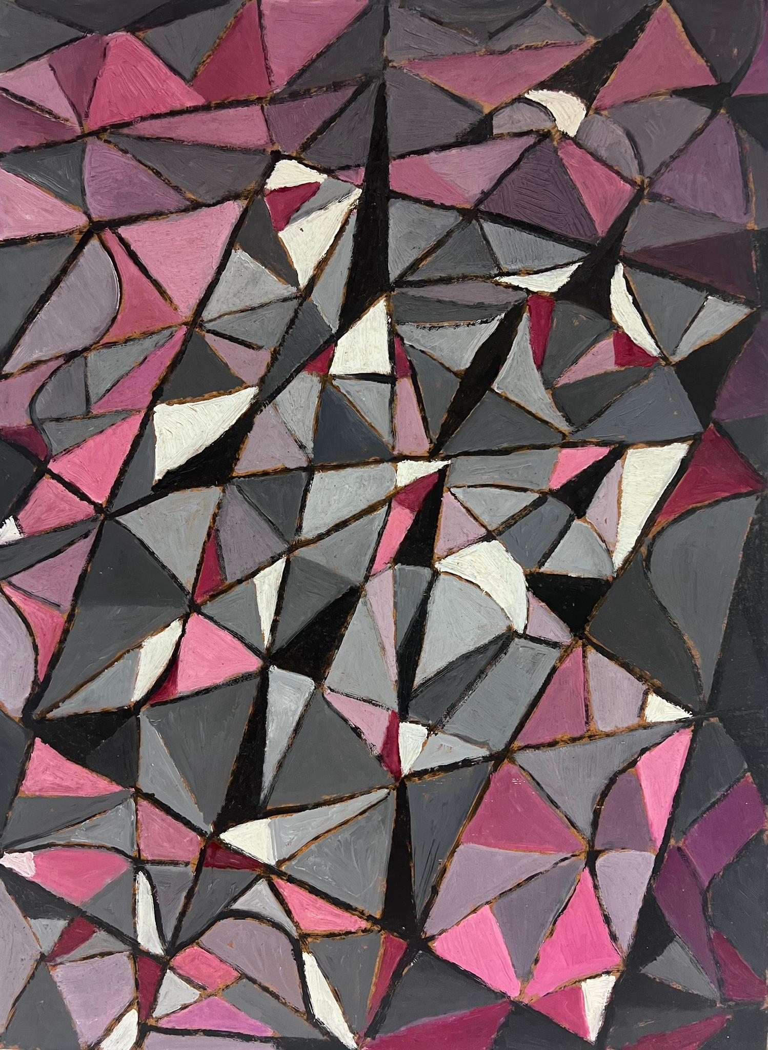 1960er Jahre Französisch abstrakte Ölgemälde kubistische Formen rosa grau Farben (Grau), Abstract Painting, von French School