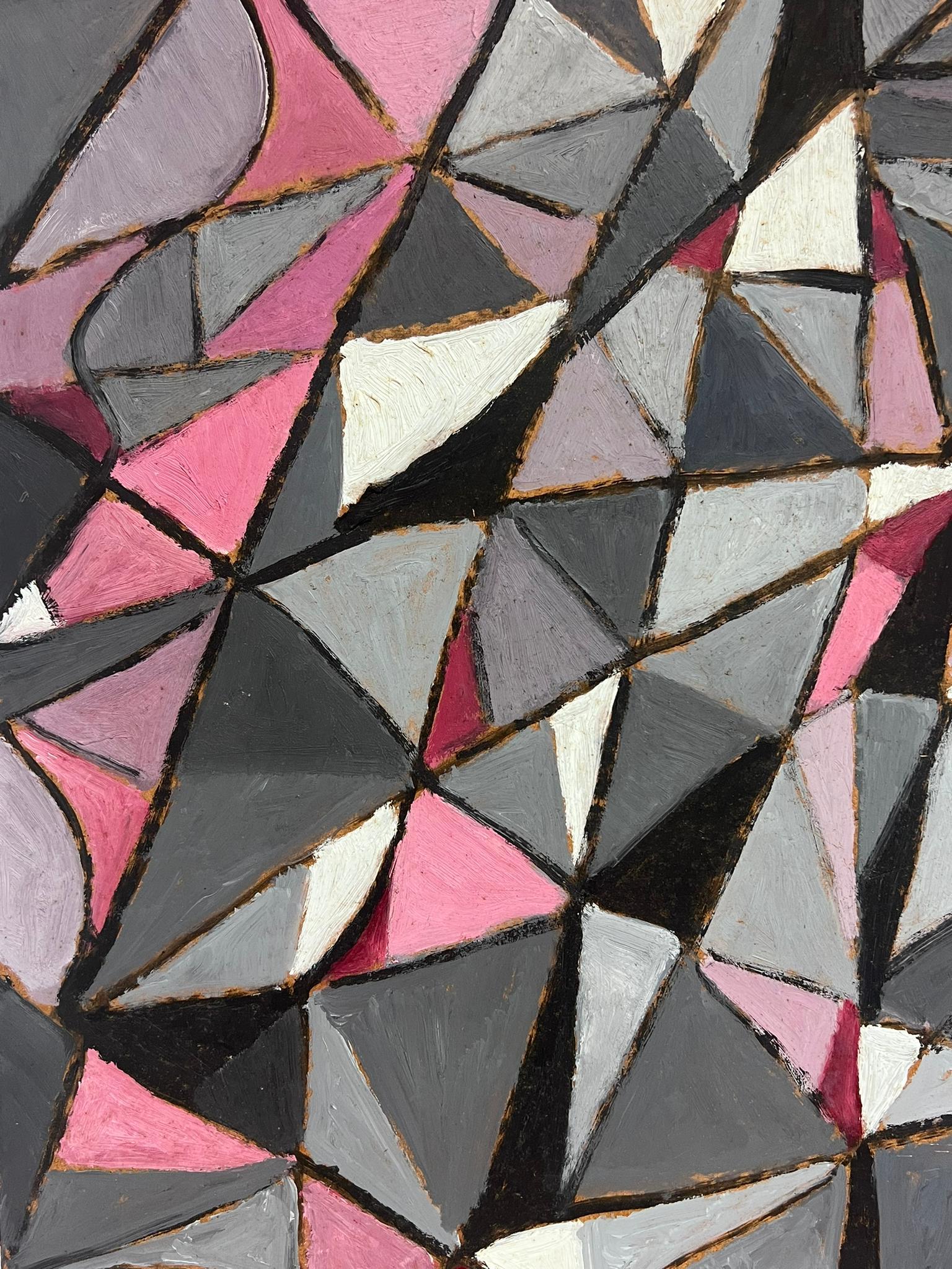 1960er Jahre Französisch abstrakte Ölgemälde kubistische Formen rosa grau Farben im Angebot 1