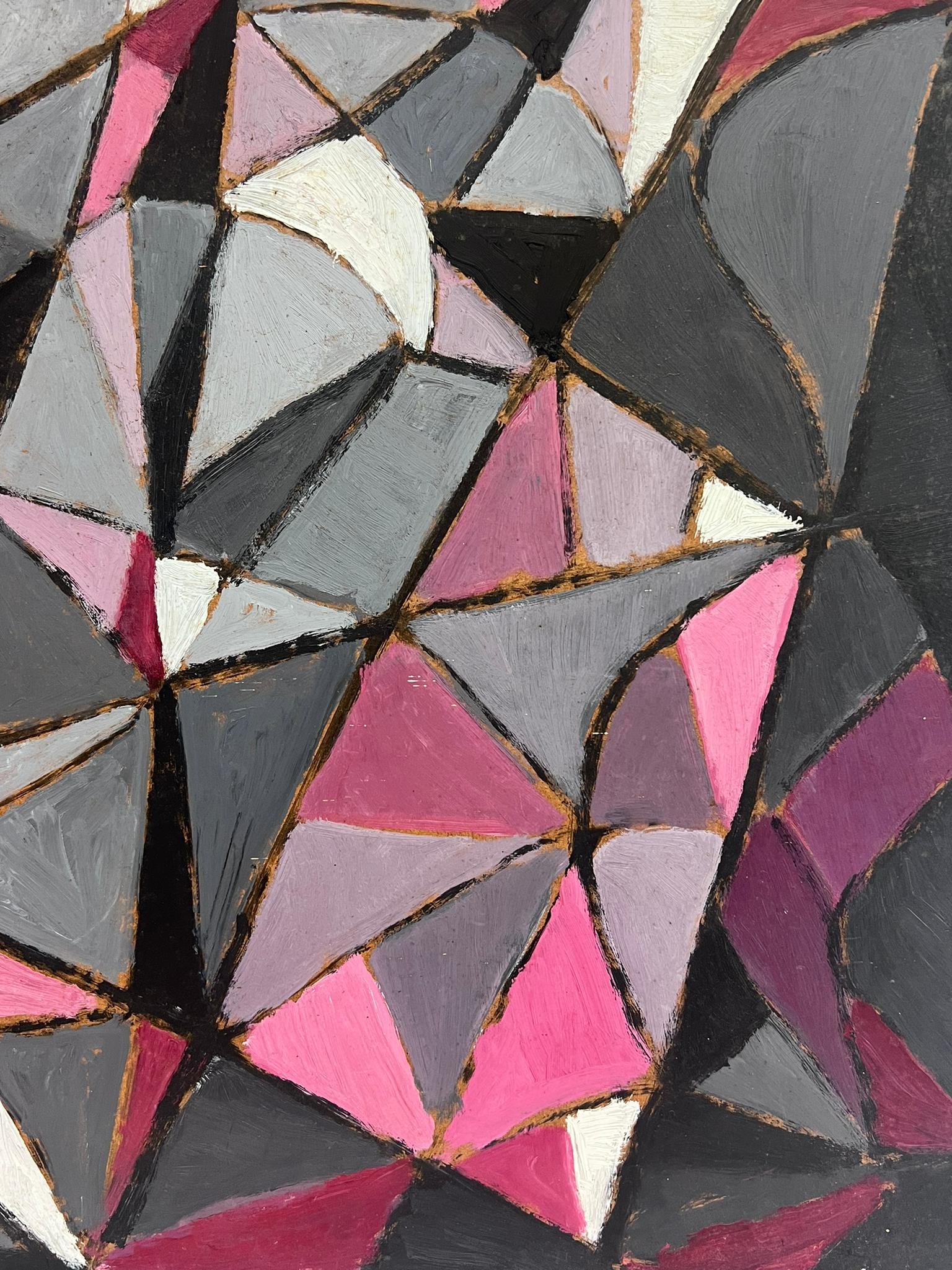 1960er Jahre Französisch abstrakte Ölgemälde kubistische Formen rosa grau Farben im Angebot 2