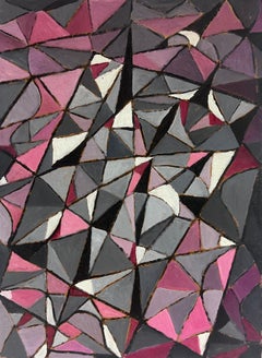 1960's French Abstract Oil Painting Cubist Shapes Pink Grey Colors