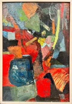 Peinture à l'huile sur toile cubiste abstraite, lumineuse et épaisse, des années 1960