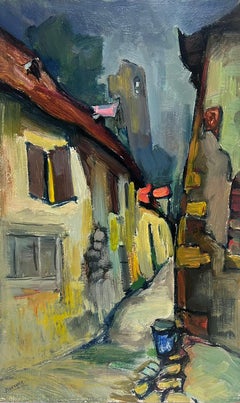1960's French Expressionist Oil Painting View of Old French Town Street Houses