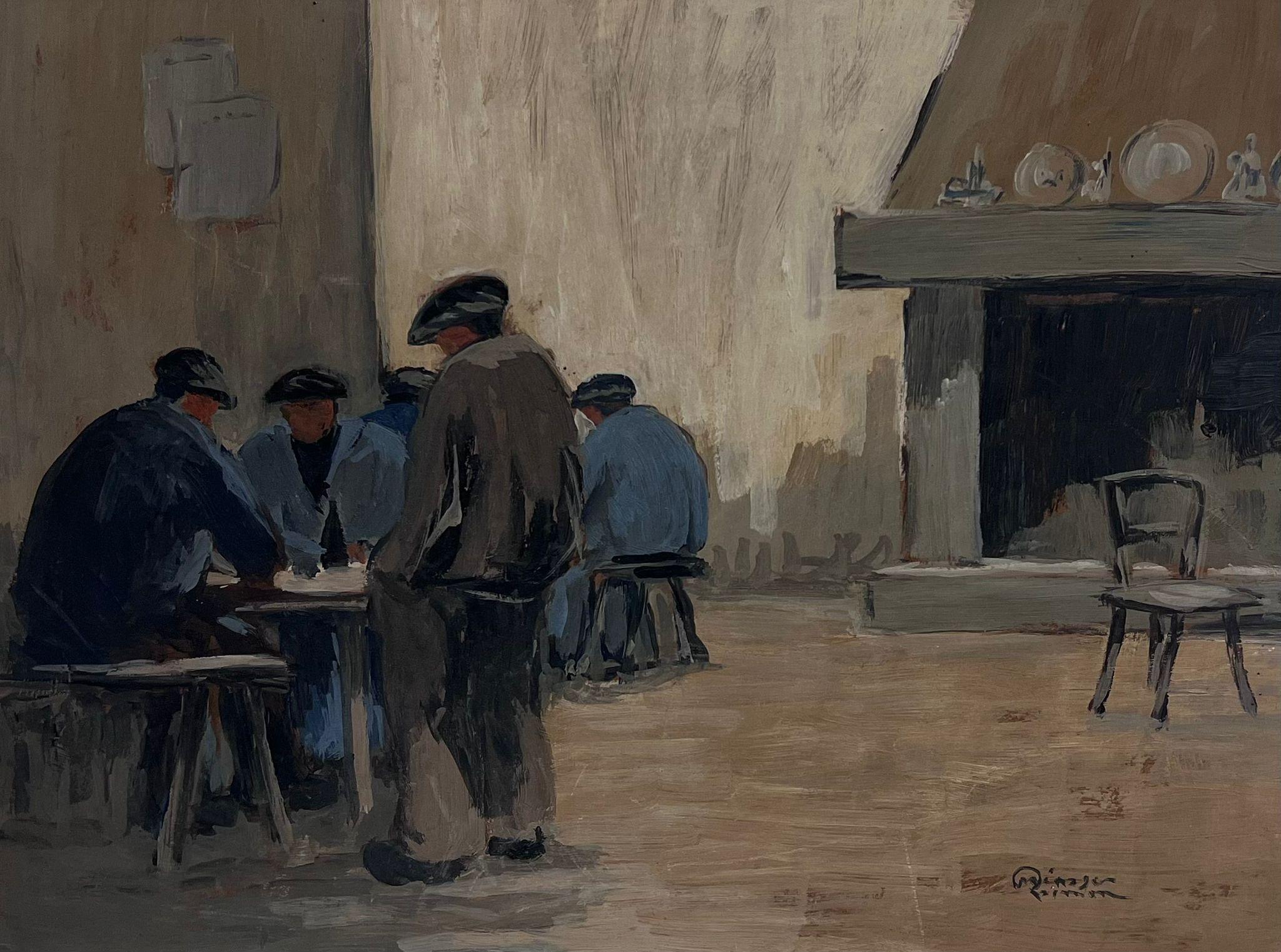 1960's French Modernist Oil Bar Tavern Interior Men Hunched over Tables  - Painting by French School