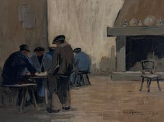 1960's French Modernist Oil Bar Tavern Interior Men Hunched over Tables