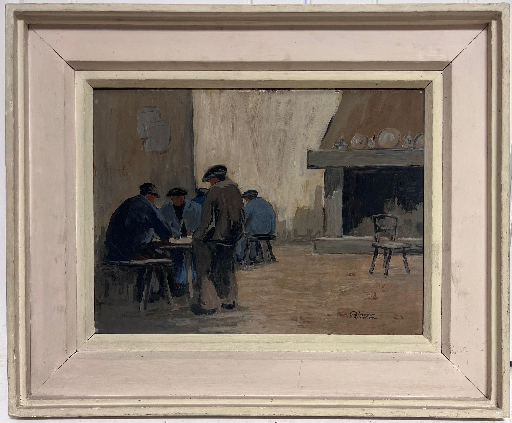 French School Interior Painting - 1960's French Modernist Oil Bar Tavern Interior Men Hunched over Tables 