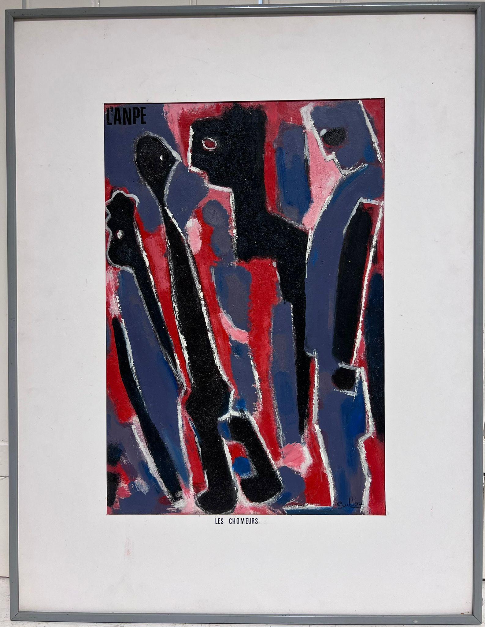 1970's French Abstract Painting Figures Standing Possibly a Poster Design? - Black Figurative Painting by French School