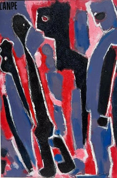 Vintage 1970's French Abstract Painting Figures Standing Possibly a Poster Design?