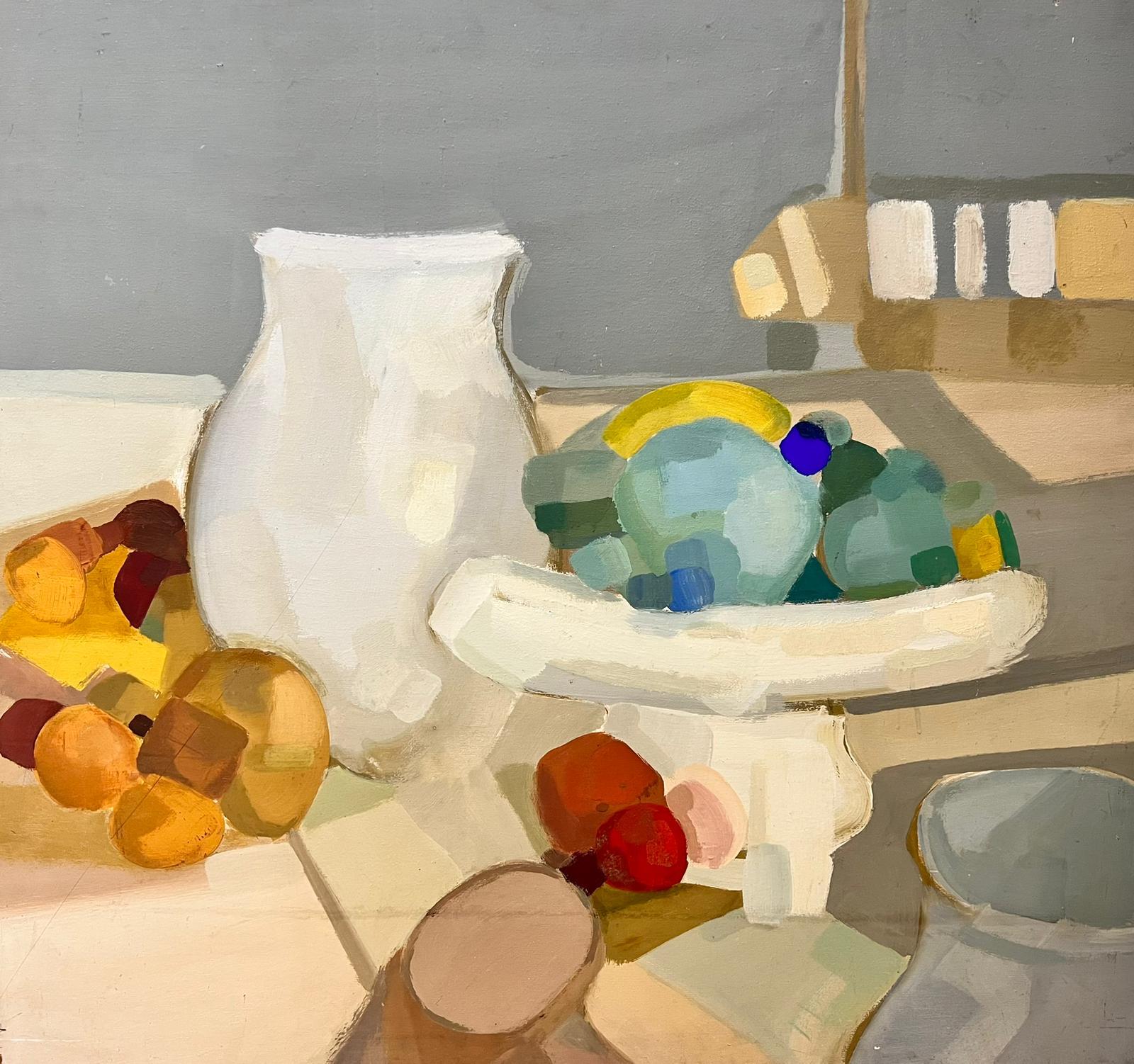 Pittura ad olio cubista francese degli anni '70, natura morta astratta, frutta su tavolo - Abstract Painting Marrone di French School