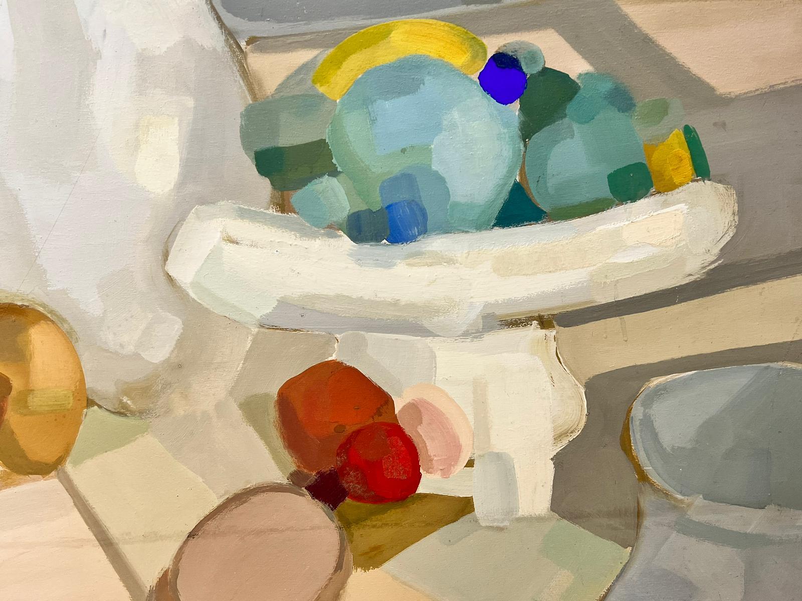 Pittura ad olio cubista francese degli anni '70, natura morta astratta, frutta su tavolo 1