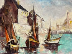 1970's French Modernist Signed oil Painting Three Fishing Boats in Sleepy Harbou