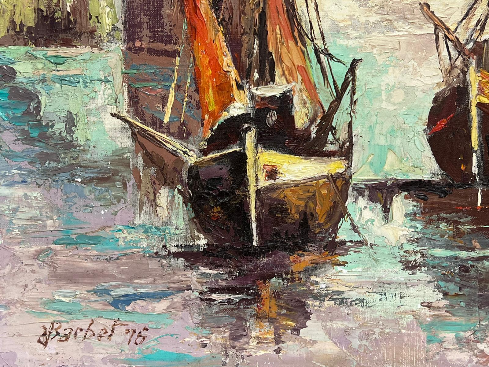 1970's French Modernist Signed oil Painting Three Fishing Boats in Sleepy Harbou For Sale 3