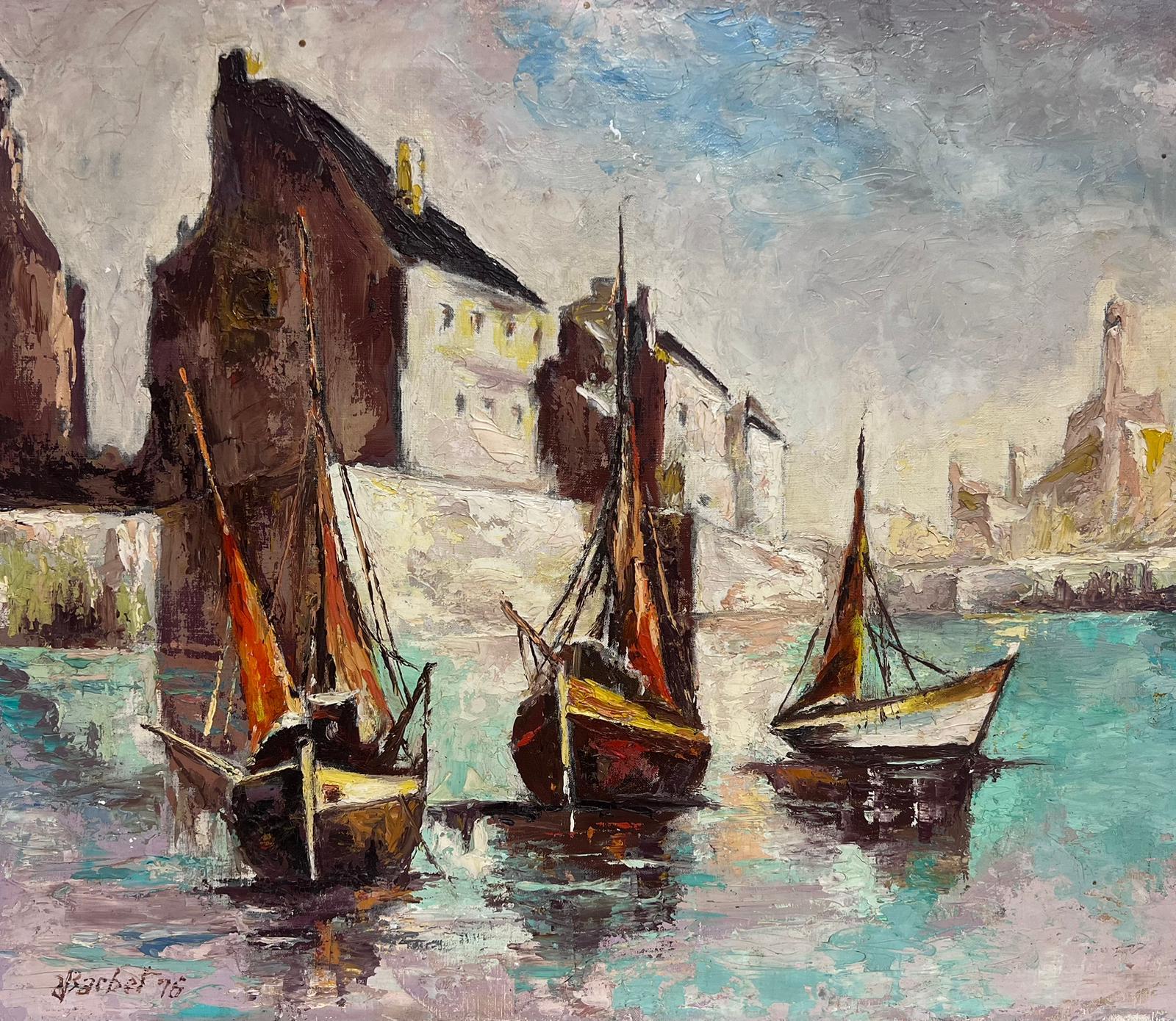 French School Figurative Painting - 1970's French Modernist Signed oil Painting Three Fishing Boats in Sleepy Harbou