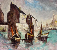 1970's Pintura al óleo firmada por un modernista francés Tres barcos de pesca en Sleepy Harbou