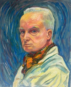 1970
s French Oil Painting Portrait of Man with Blue Swirling Background, Large