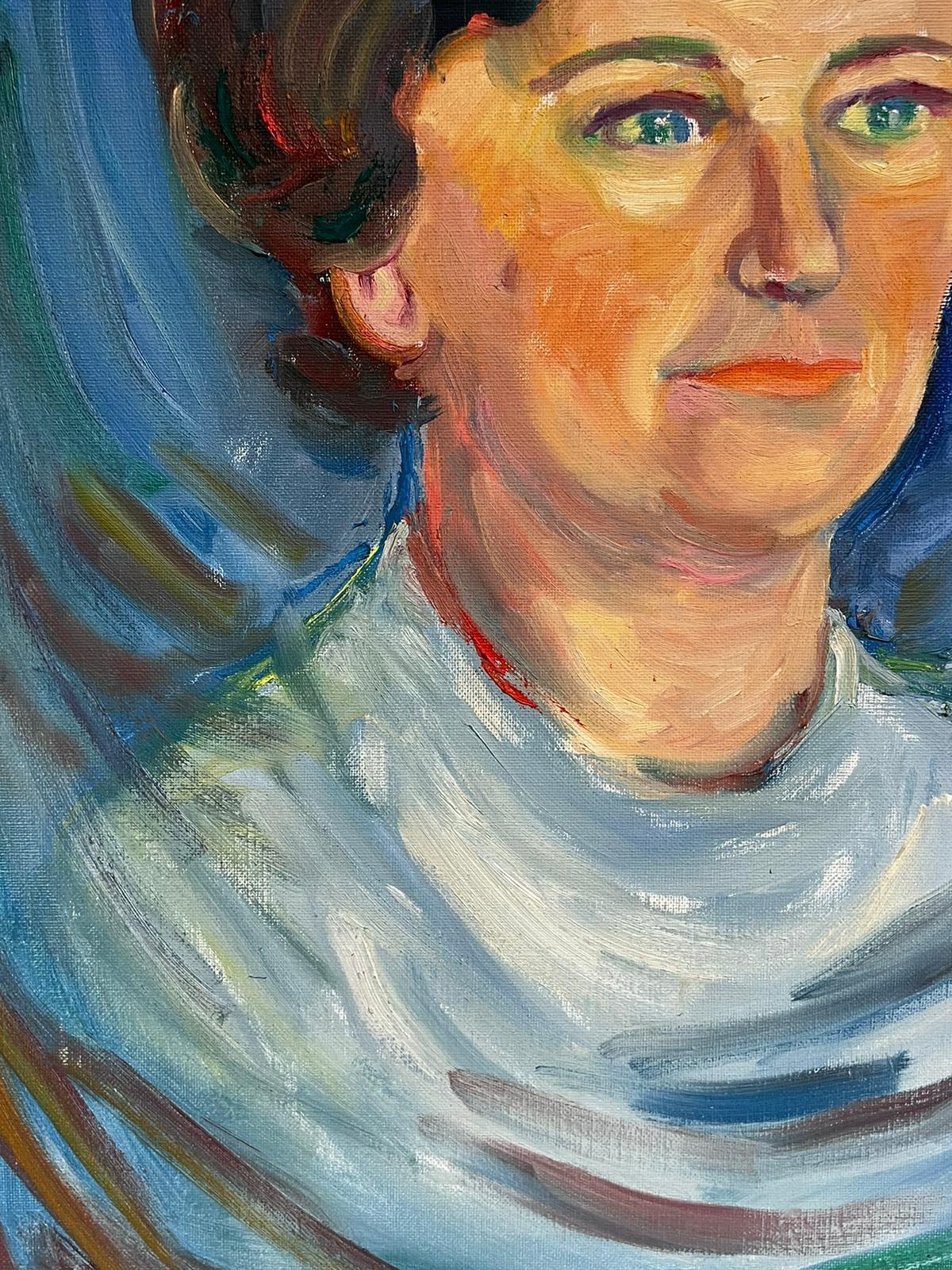 1970's Retrato francés de una dama distinguida Pintura al óleo sobre lienzo d.1975 - Portrait Painting Gris de French School