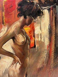 1970's French Signed Oil Portrait of Standing Nude Lady Atmospheric Work