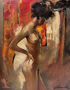 1970
s French Signed Oil Portrait of Standing Nude Lady Atmospheric Work