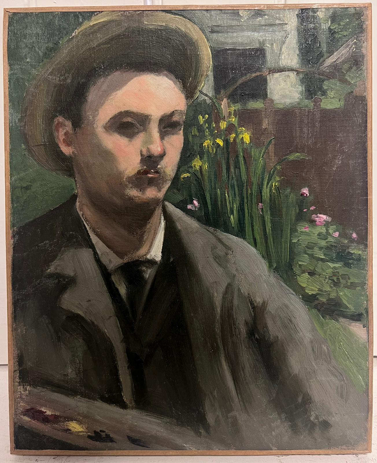 19th Century French Impressionist Self Portrait Artist with Palette Oil Sketch - Painting by French School