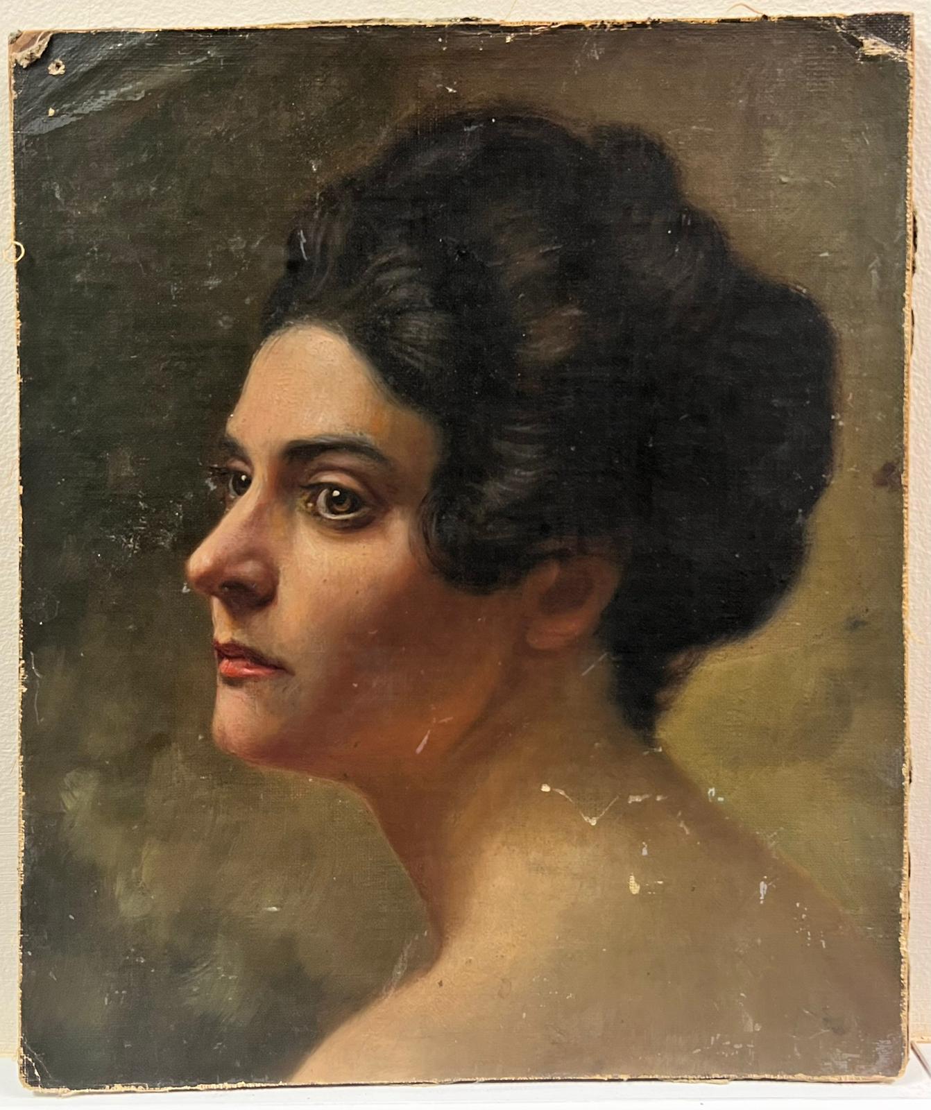 19th Century French Realist Oil Profile Portrait of Lady Beautiful Quality - Painting by French School