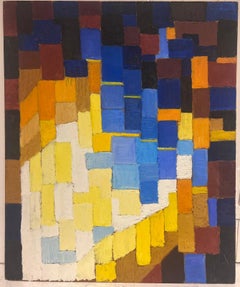 Pittura ad olio cubista francese del 20° secolo: cubi blu, arancioni, gialli e beige