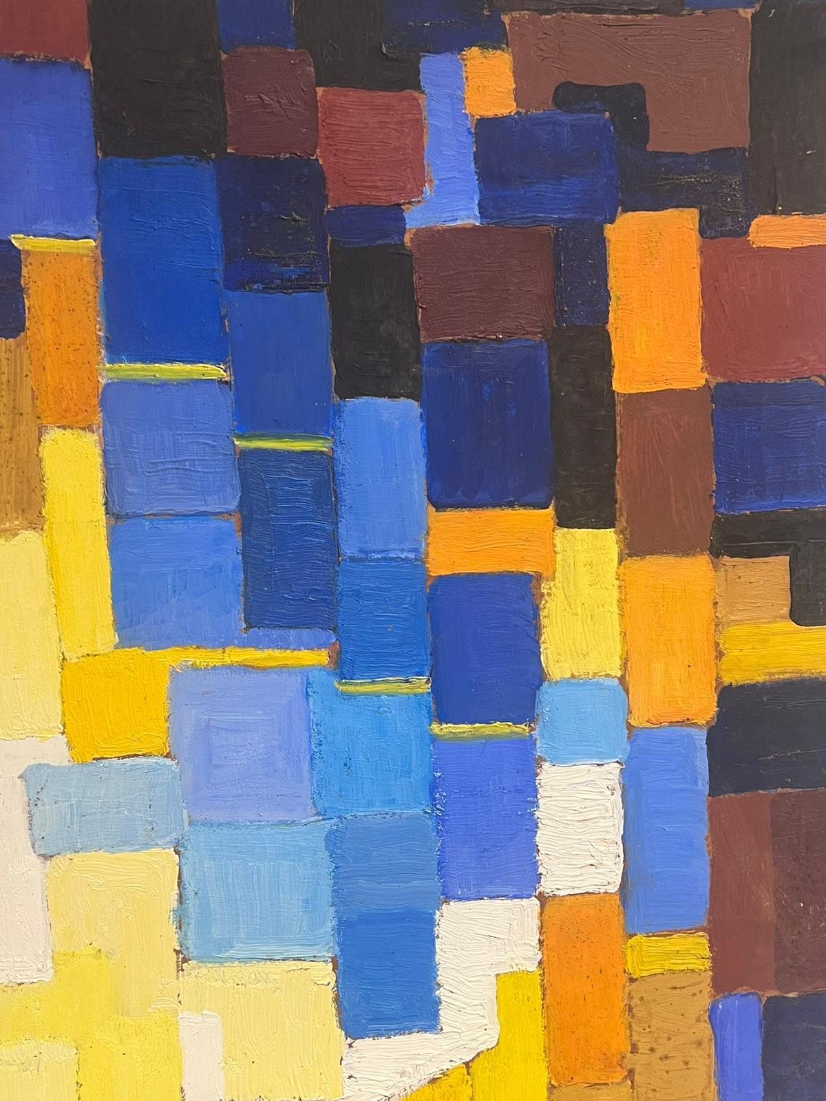 20th Century French Cubist Oil Painting Blues Oranges Yellow & Beige Cubes For Sale 1