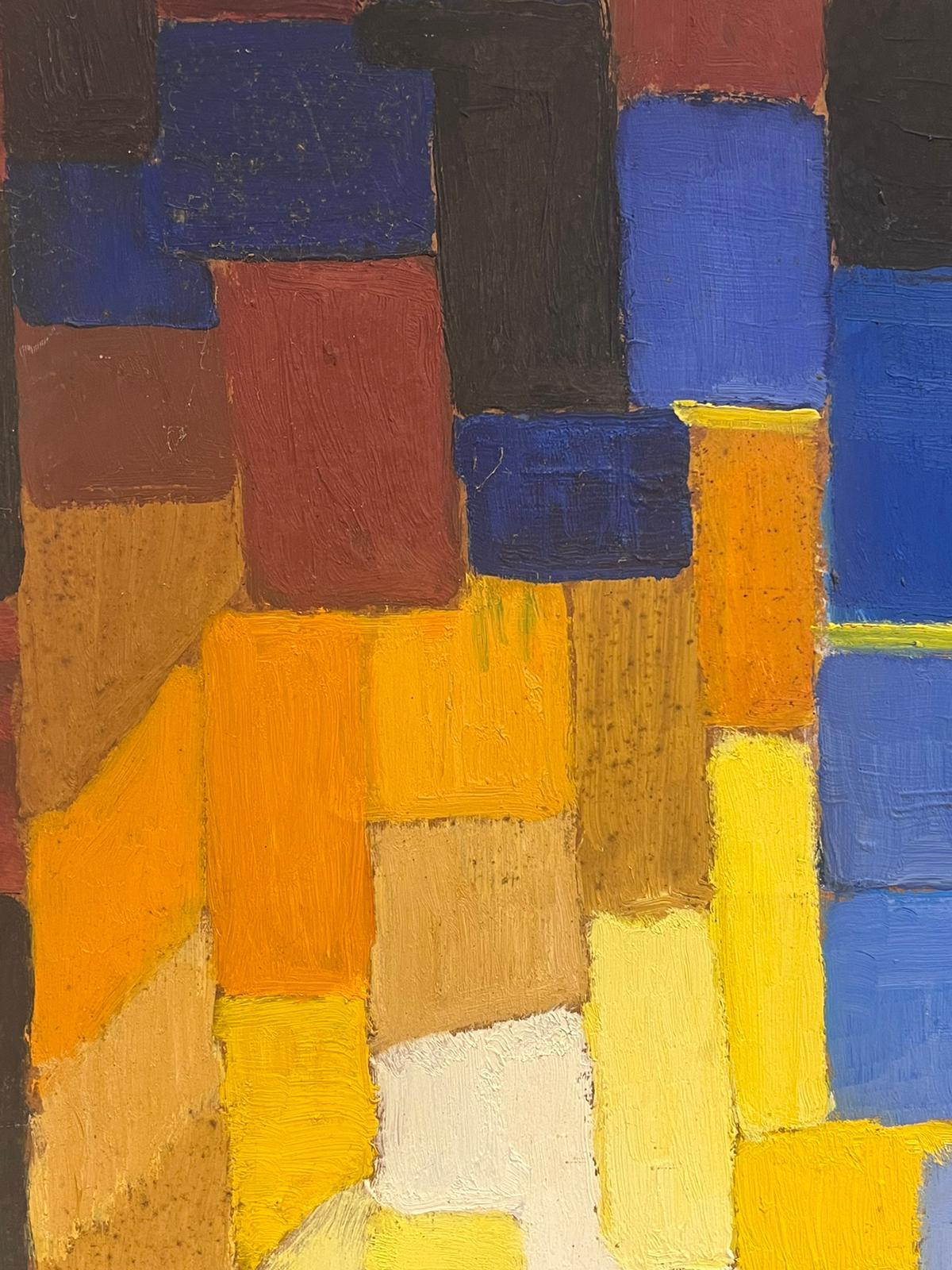 20th Century French Cubist Oil Painting Blues Oranges Yellow & Beige Cubes For Sale 2