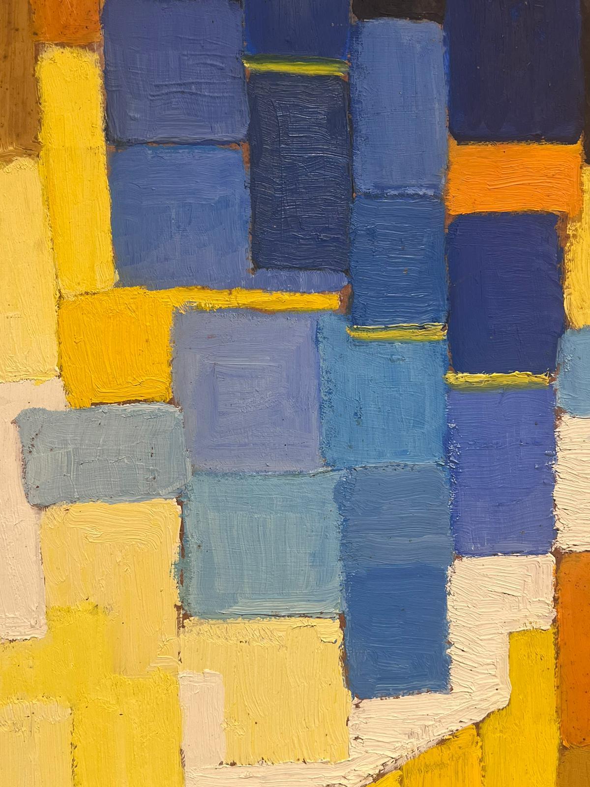20th Century French Cubist Oil Painting Blues Oranges Yellow & Beige Cubes For Sale 3