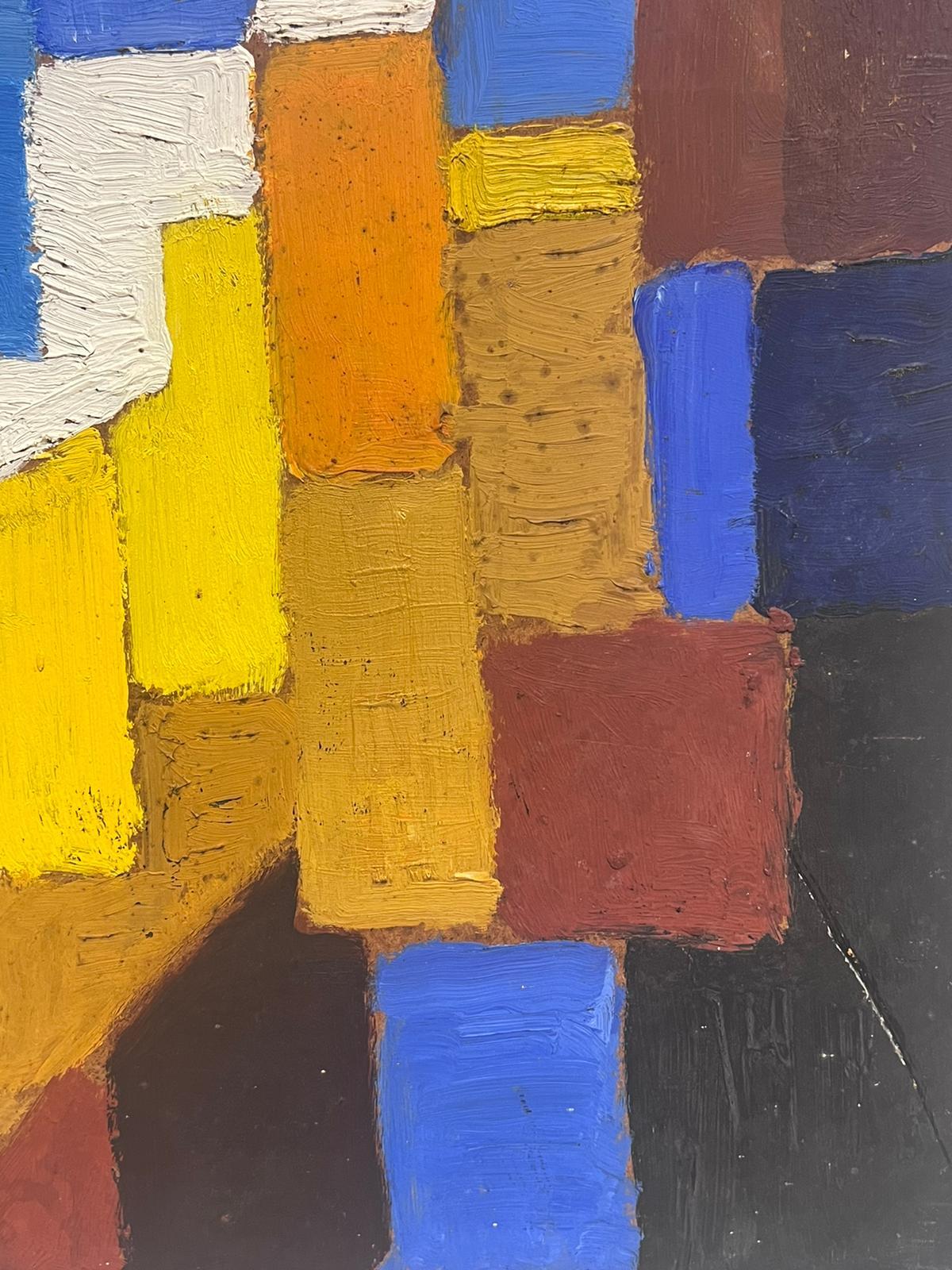 20th Century French Cubist Oil Painting Blues Oranges Yellow & Beige Cubes For Sale 4