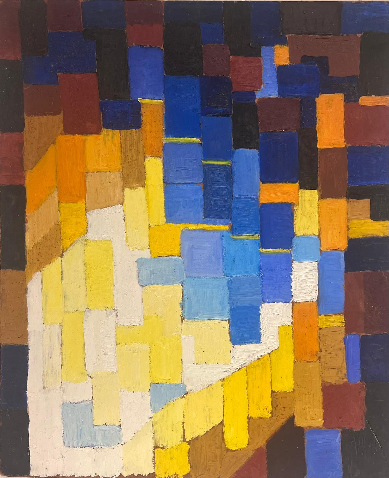 French School Abstract Painting - 20th Century French Cubist Oil Painting Blues Oranges Yellow & Beige Cubes