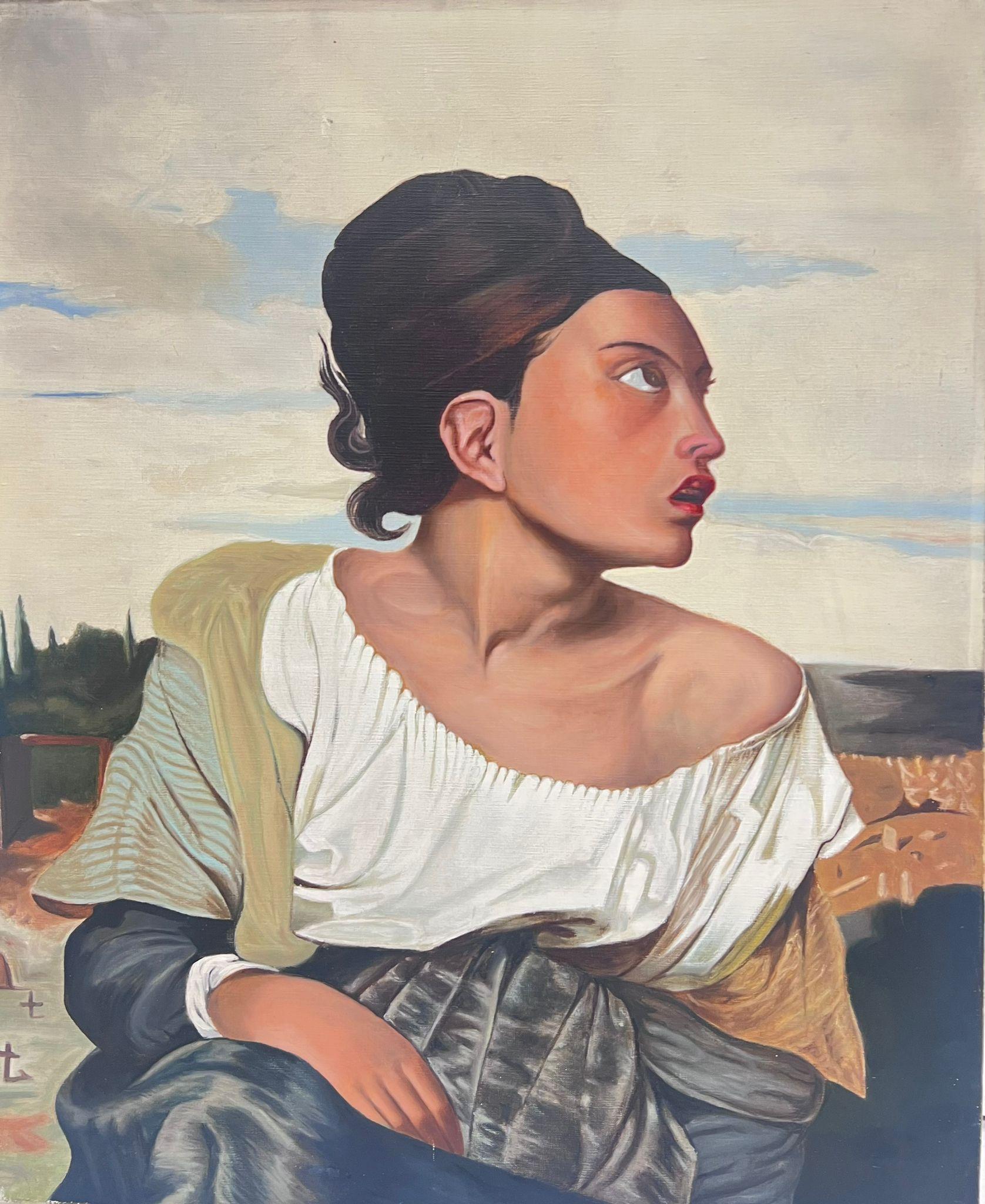 French School Figurative Painting - 20th Century French Modernist Profile Portrait of a Lady Staring into the Sky