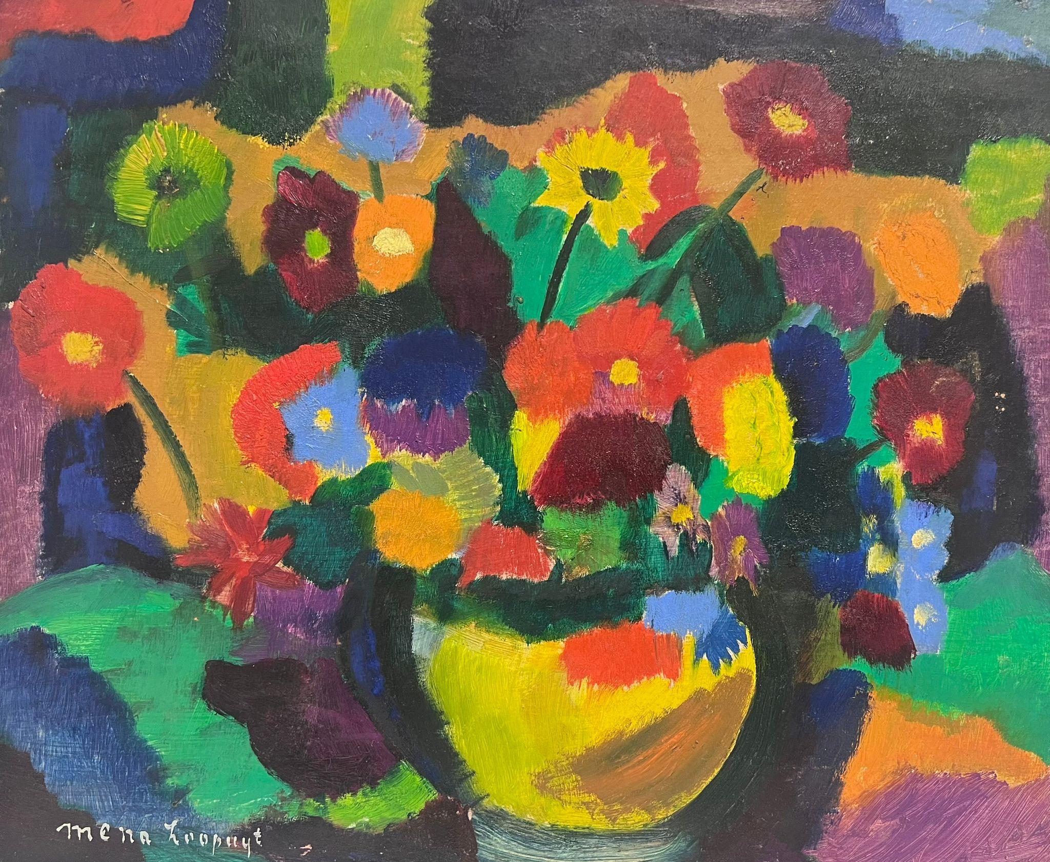 French School Interior Painting - 20th Century French Modernist Signed Oil Painting Bright Display of Flowers