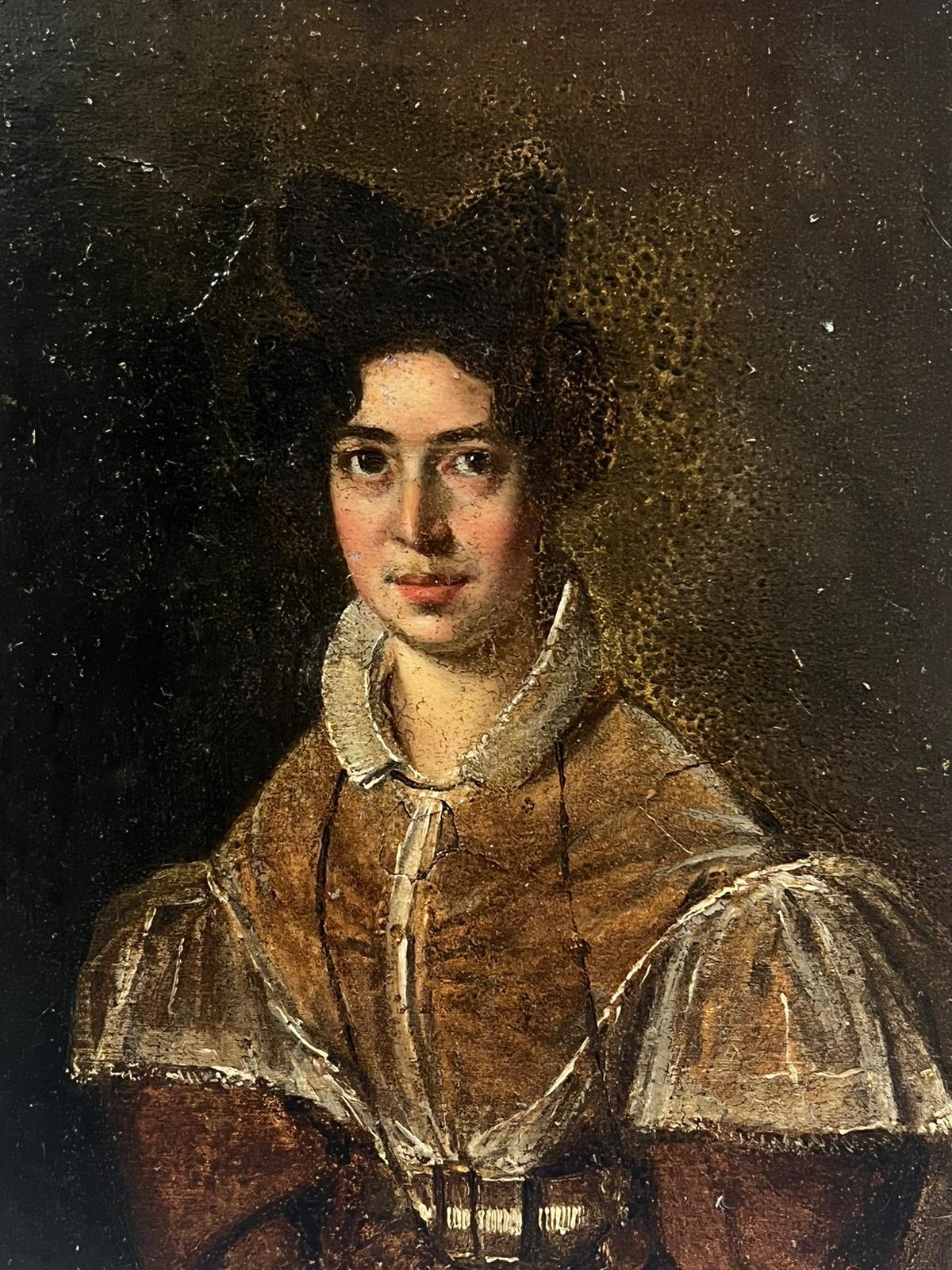 830’s French Portrait of a Lady in Brown Jacket White Lace Trim, oil painting - Painting by French School