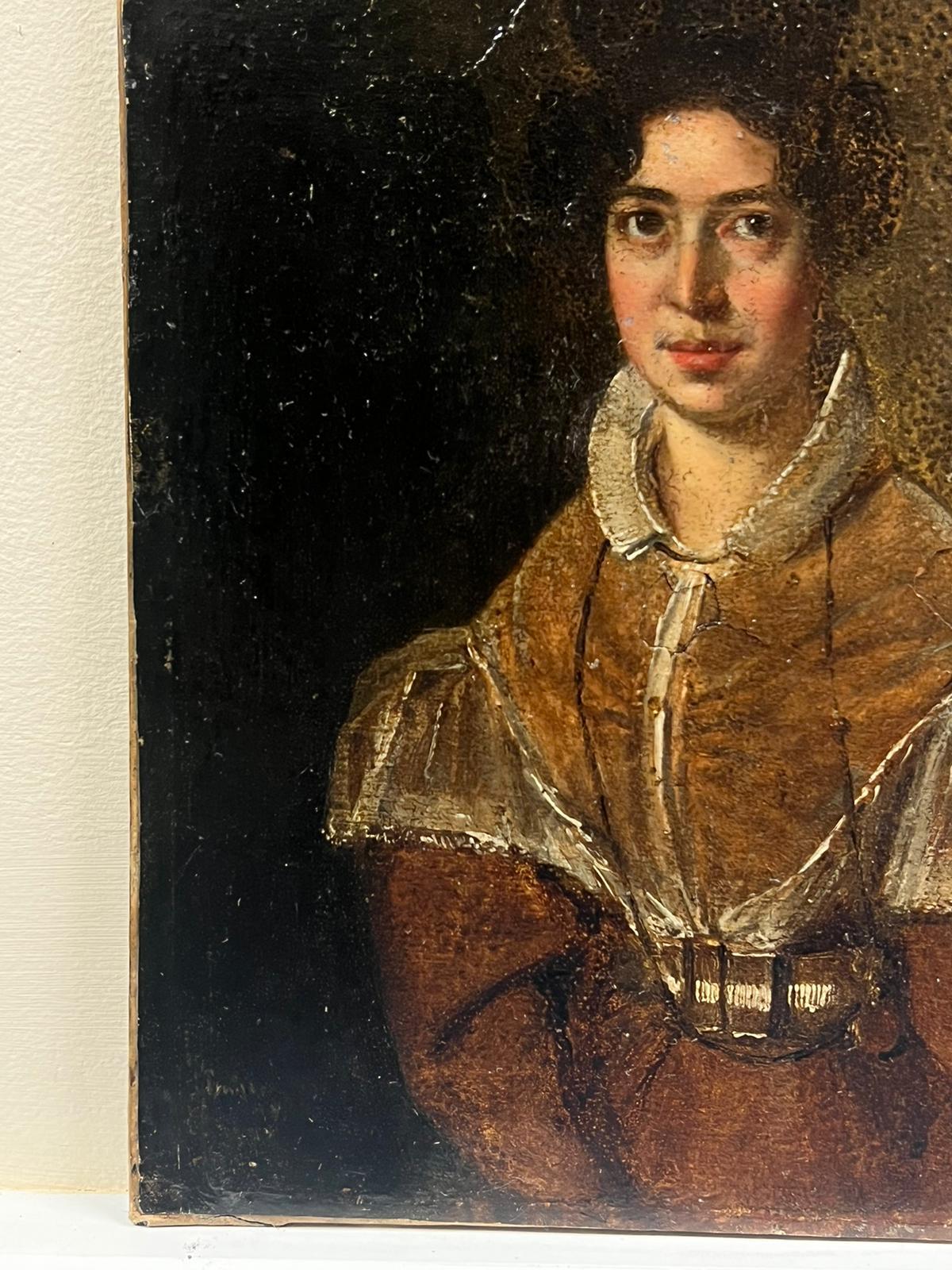 830’s French Portrait of a Lady in Brown Jacket White Lace Trim, oil painting For Sale 2