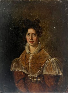 Portrait français des années 830 d'une dame en veste brune bordée de dentelle blanche, peinture à l'huile