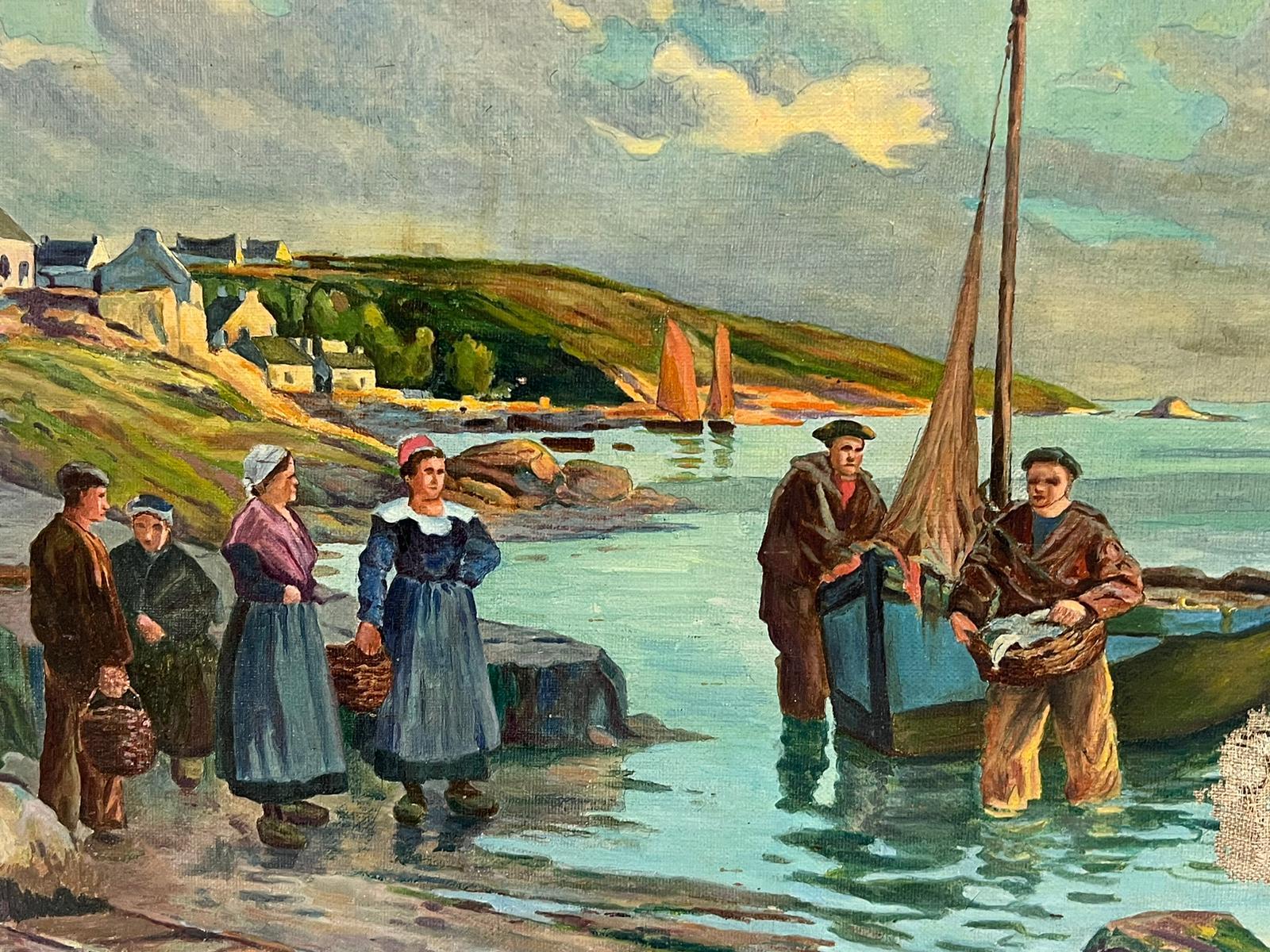 Antiquity Breton Fishing Scene French Oil Painting on Canvas Fishermen & Women  - Gris Landscape Painting par French School