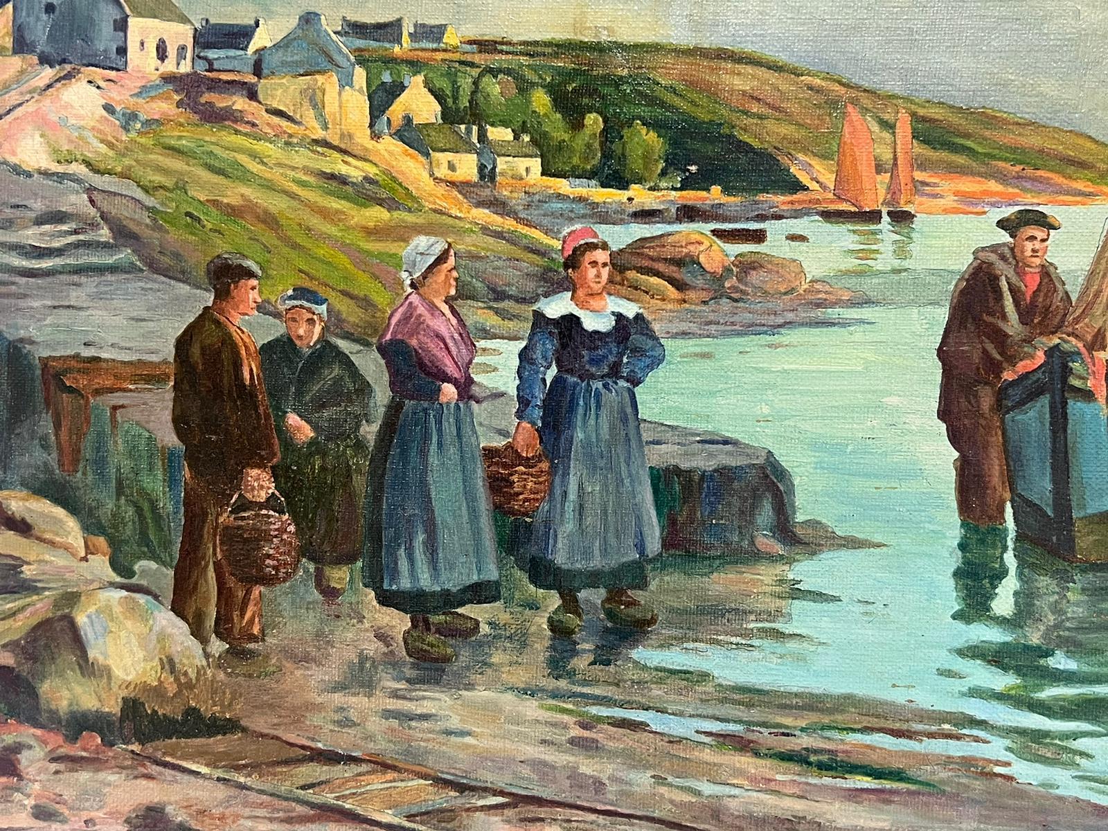 Antiquity Breton Fishing Scene French Oil Painting on Canvas Fishermen & Women  en vente 1