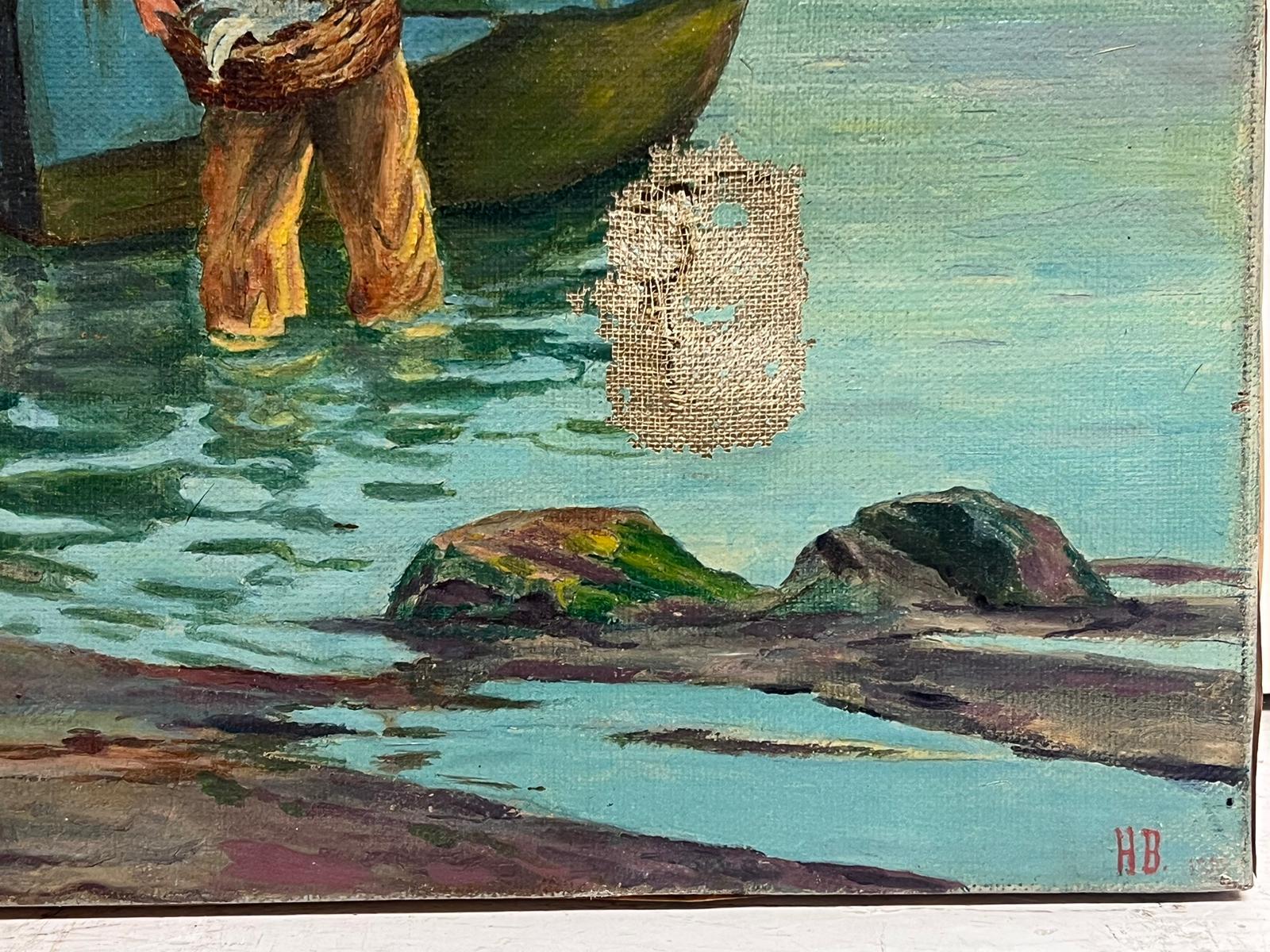 Antique Breton Fishing Scene French Oil Painting on Canvas Fishermen & Women  For Sale 1