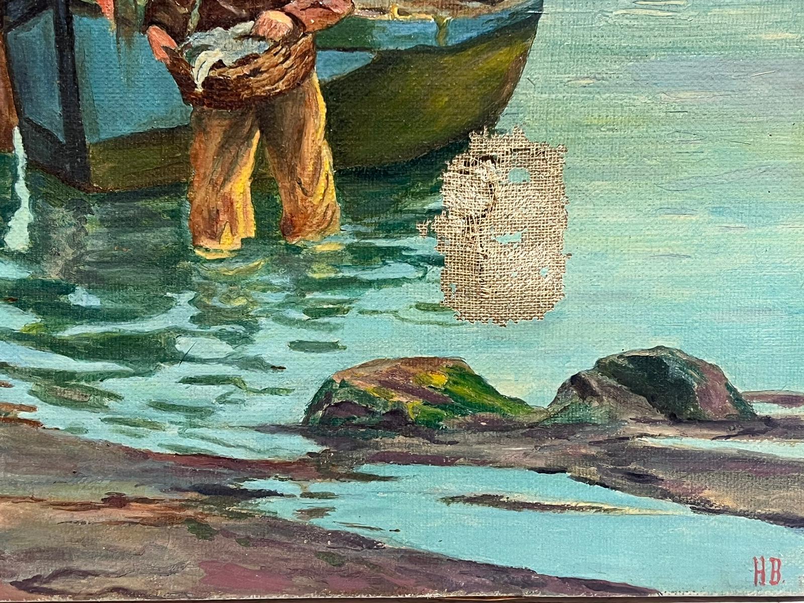 Antique Breton Fishing Scene French Oil Painting on Canvas Fishermen & Women  For Sale 2