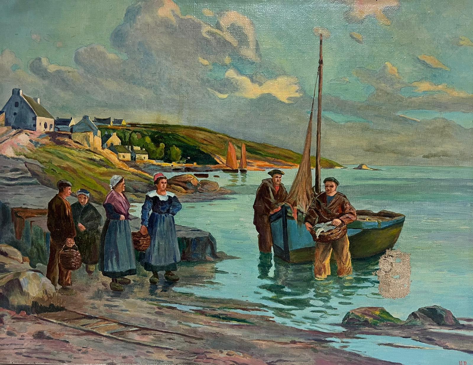 Landscape Painting di French School - Antique French, scena di pesca, dipinto a olio su tela con pescatori e donne