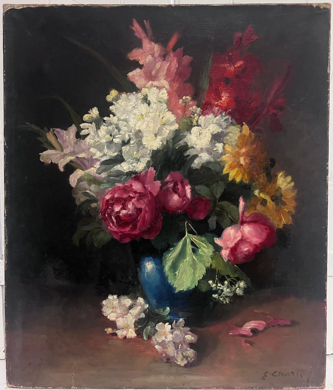 Antique French Bodegón de flores en jarrón Pintura al óleo sobre lienzo firmada - Painting de Attributed to Edouard Charton (born 1855)