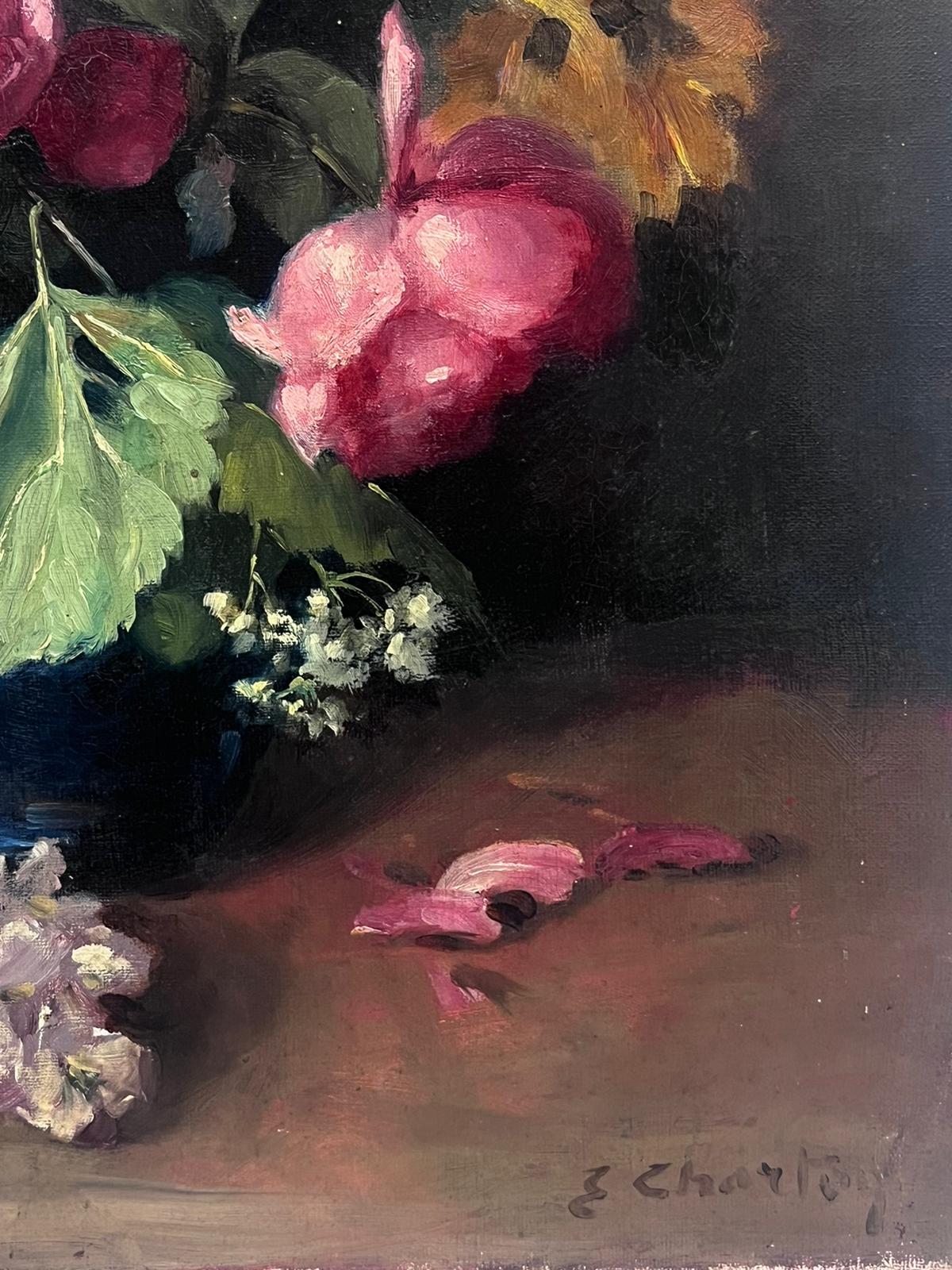 Antique French Bodegón de flores en jarrón Pintura al óleo sobre lienzo firmada - Painting Escuela francesa de Attributed to Edouard Charton (born 1855)